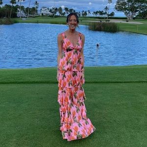 Party in Palm Springs Pink Floral Print Satin Tiered Maxi Dress